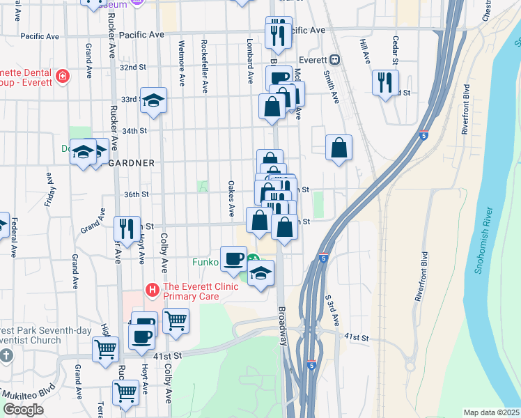 map of restaurants, bars, coffee shops, grocery stores, and more near 3619 Lombard Avenue in Everett