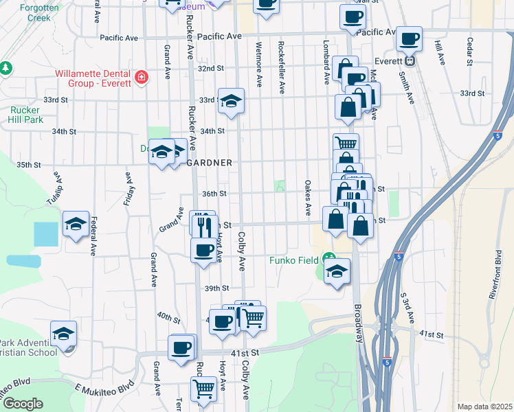 map of restaurants, bars, coffee shops, grocery stores, and more near 3614 Wetmore Avenue in Everett