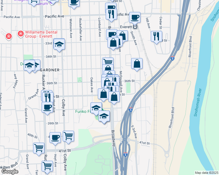 map of restaurants, bars, coffee shops, grocery stores, and more near 3614 Broadway in Everett