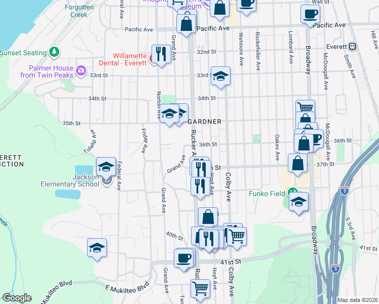map of restaurants, bars, coffee shops, grocery stores, and more near 3531 Rucker Avenue in Everett