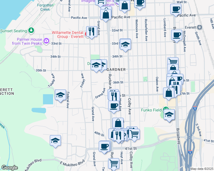 map of restaurants, bars, coffee shops, grocery stores, and more near 3606 Rucker Avenue in Everett