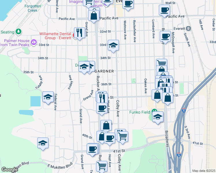 map of restaurants, bars, coffee shops, grocery stores, and more near 3601 Hoyt Avenue in Everett