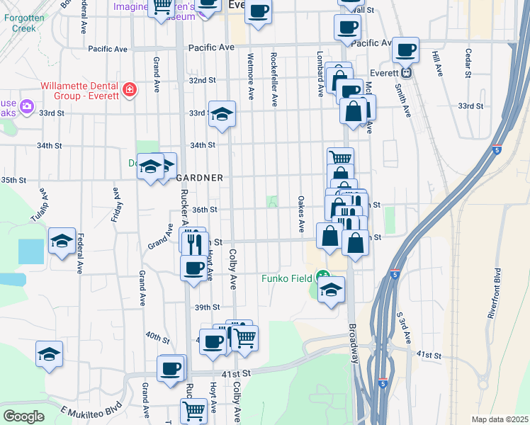 map of restaurants, bars, coffee shops, grocery stores, and more near 1710 36th Street in Everett