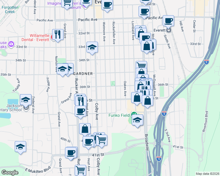 map of restaurants, bars, coffee shops, grocery stores, and more near 1710 36th Street in Everett