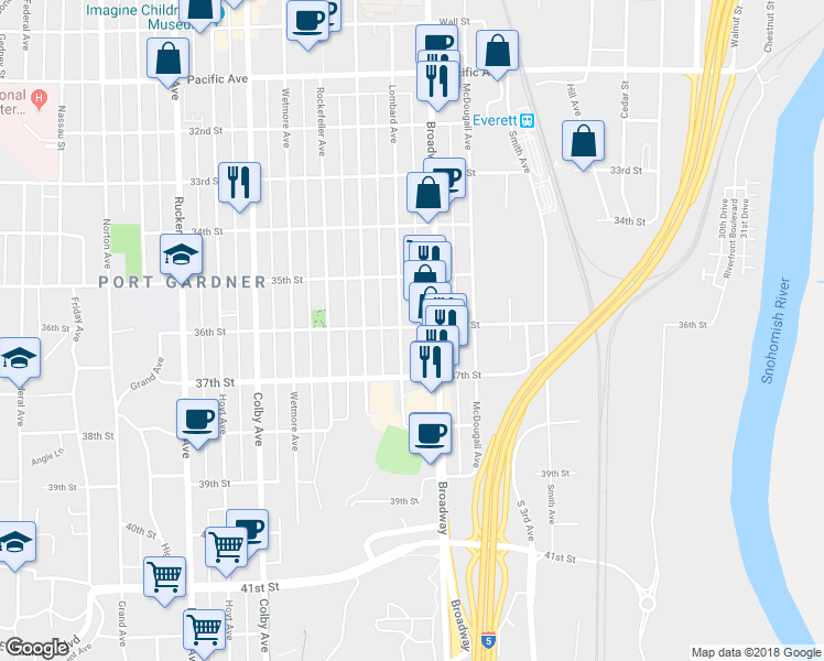 map of restaurants, bars, coffee shops, grocery stores, and more near 2010 36th Street in Everett