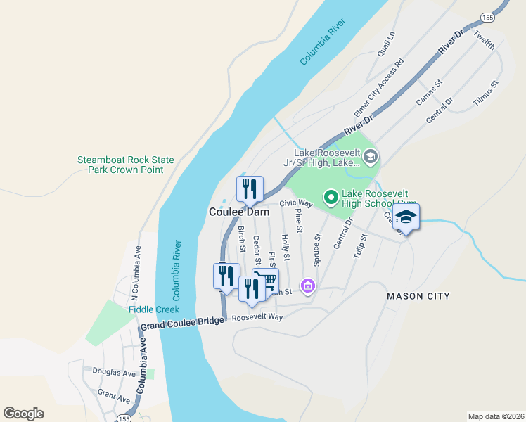 map of restaurants, bars, coffee shops, grocery stores, and more near 810 Fir Street in Coulee Dam