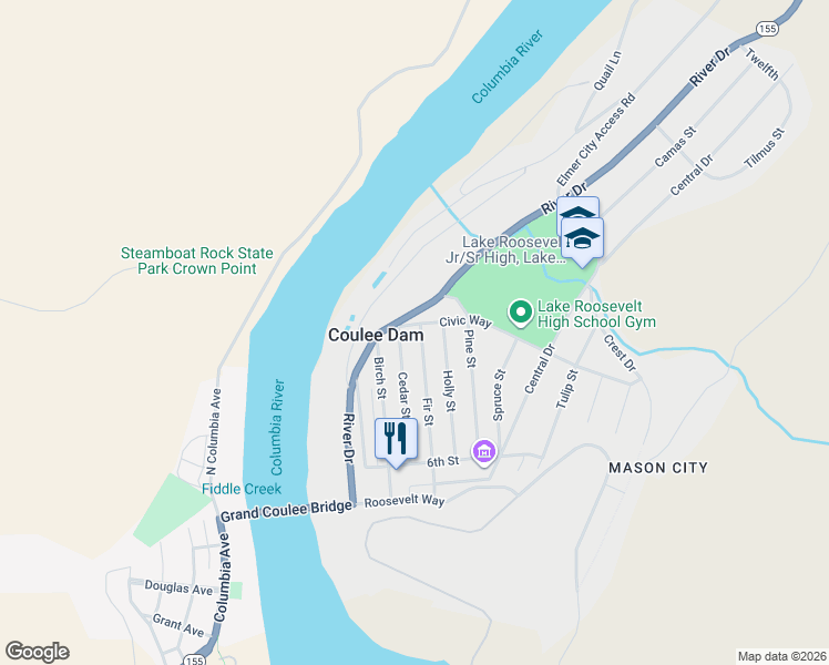 map of restaurants, bars, coffee shops, grocery stores, and more near 810 Fir Street in Coulee Dam