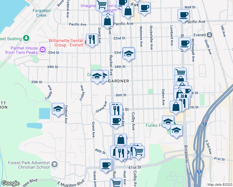 map of restaurants, bars, coffee shops, grocery stores, and more near 3531 Rucker Avenue in Everett