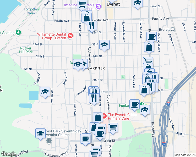 map of restaurants, bars, coffee shops, grocery stores, and more near 3601 Hoyt Avenue in Everett