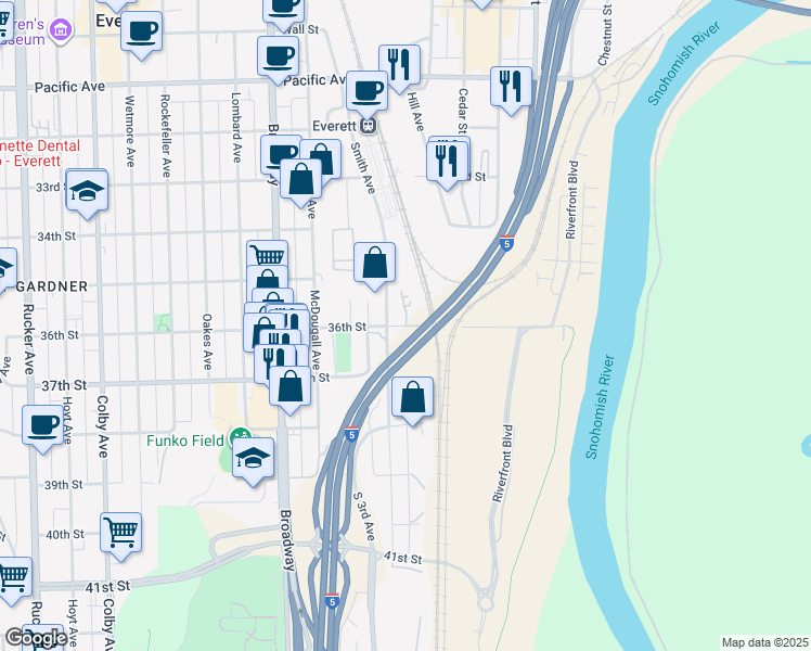 map of restaurants, bars, coffee shops, grocery stores, and more near 2732 36th Street in Everett