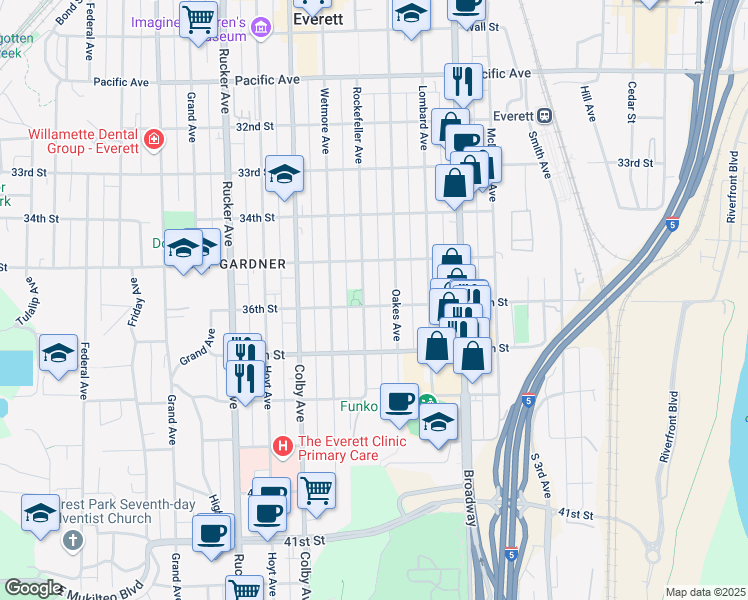 map of restaurants, bars, coffee shops, grocery stores, and more near 3529 Rockefeller Ave in Everett