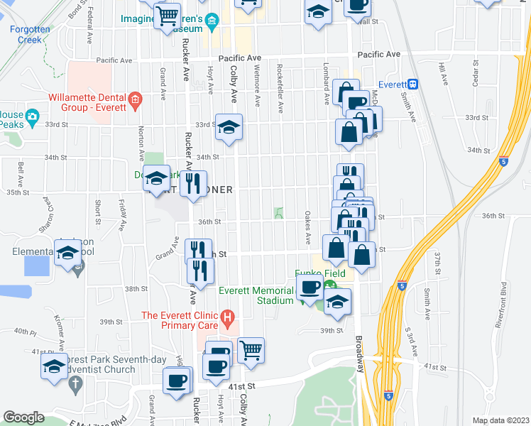 map of restaurants, bars, coffee shops, grocery stores, and more near 3527 Wetmore Avenue in Everett