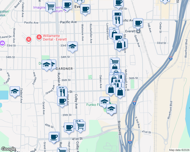 map of restaurants, bars, coffee shops, grocery stores, and more near 3529 Rockefeller Avenue in Everett