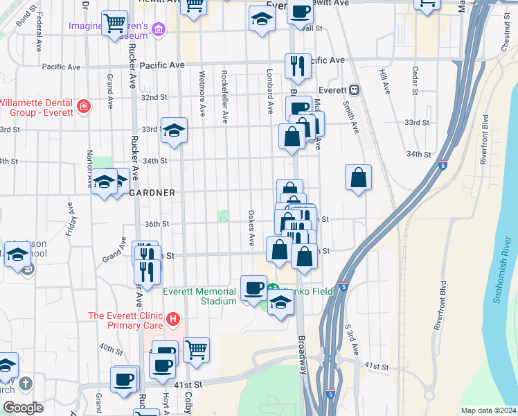 map of restaurants, bars, coffee shops, grocery stores, and more near 3531 Oakes Avenue in Everett