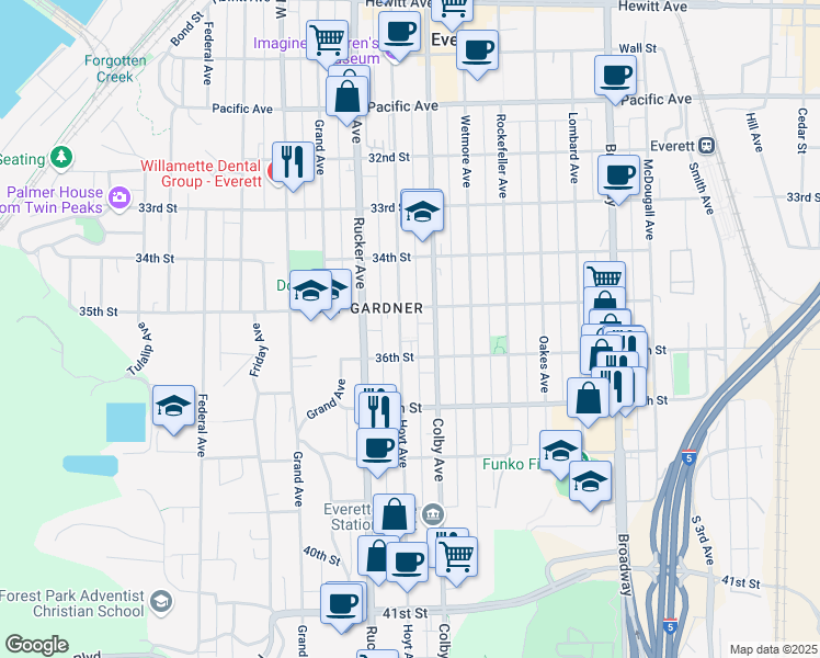 map of restaurants, bars, coffee shops, grocery stores, and more near 3601 Hoyt Avenue in Everett