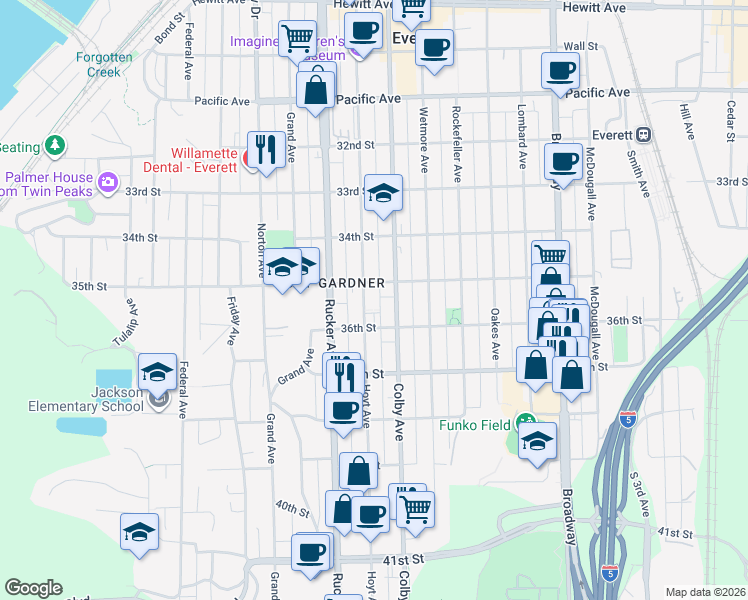 map of restaurants, bars, coffee shops, grocery stores, and more near 3515 Hoyt Avenue in Everett