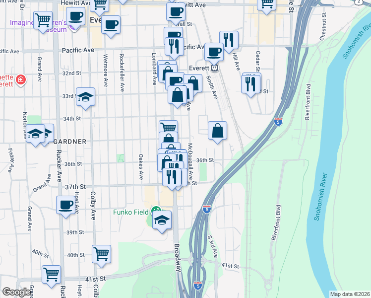 map of restaurants, bars, coffee shops, grocery stores, and more near 3431 Broadway in Everett