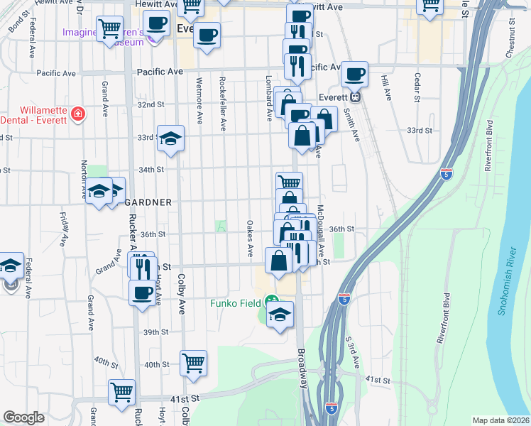 map of restaurants, bars, coffee shops, grocery stores, and more near 3431 Oakes Avenue in Everett