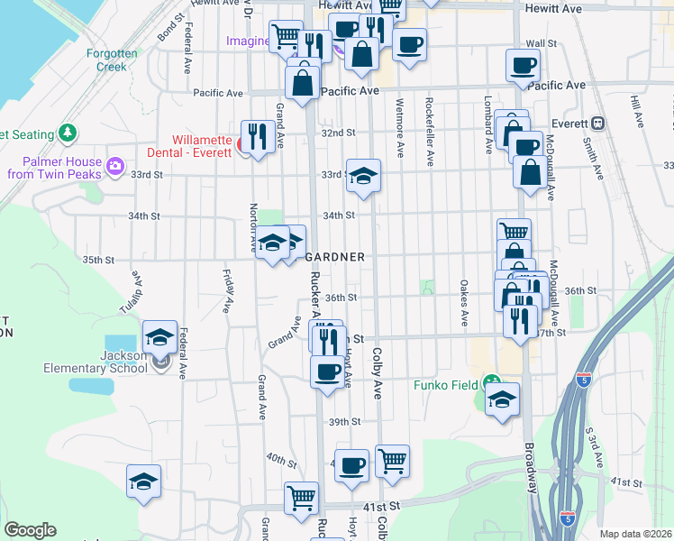 map of restaurants, bars, coffee shops, grocery stores, and more near 3425 Hoyt Avenue in Everett