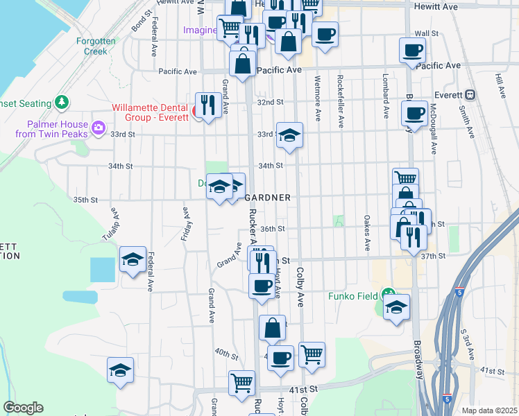 map of restaurants, bars, coffee shops, grocery stores, and more near in Everett