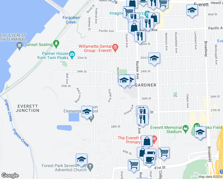 map of restaurants, bars, coffee shops, grocery stores, and more near 3427 Nassau Street in Everett