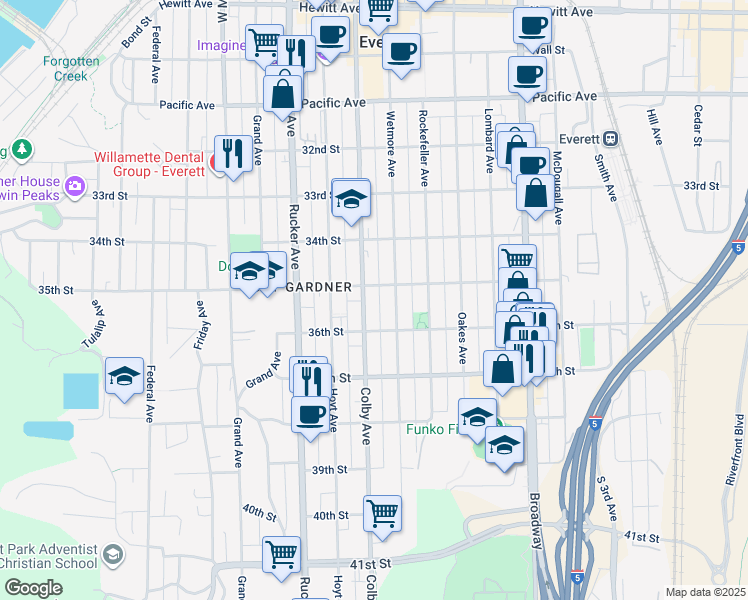 map of restaurants, bars, coffee shops, grocery stores, and more near 3501 Colby Avenue in Everett