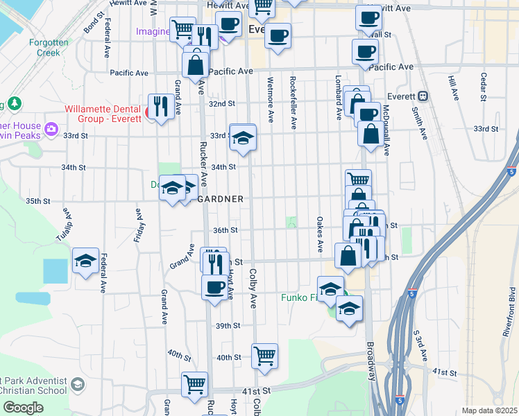 map of restaurants, bars, coffee shops, grocery stores, and more near 3501 Colby Avenue in Everett