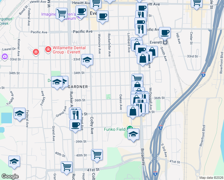 map of restaurants, bars, coffee shops, grocery stores, and more near 3431 Rockefeller Avenue in Everett
