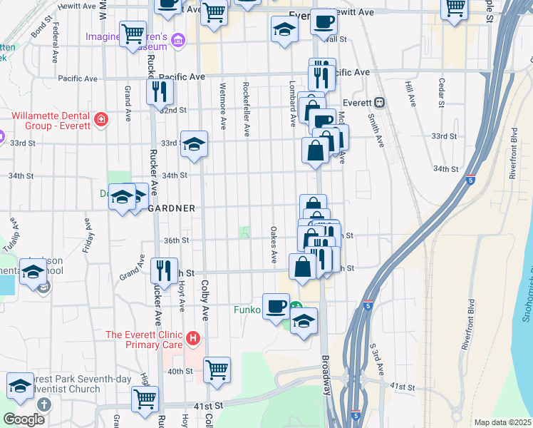 map of restaurants, bars, coffee shops, grocery stores, and more near 3431 Rockefeller Avenue in Everett