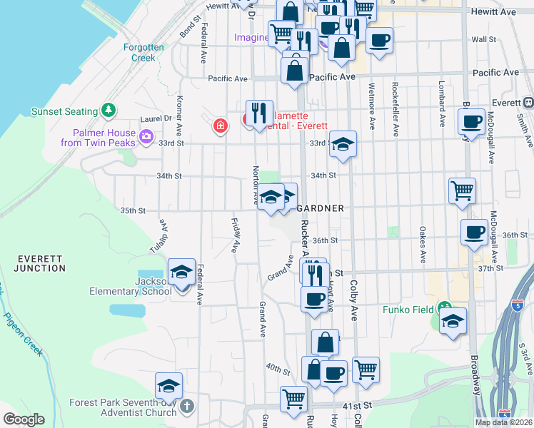 map of restaurants, bars, coffee shops, grocery stores, and more near 3427 Norton Avenue in Everett