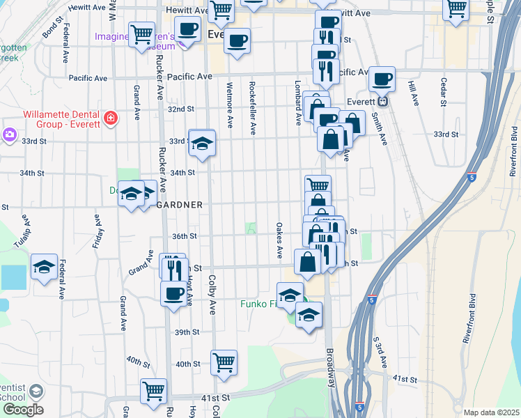 map of restaurants, bars, coffee shops, grocery stores, and more near 3503 Rockefeller Avenue in Everett