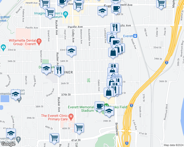 map of restaurants, bars, coffee shops, grocery stores, and more near 3503 Rockefeller Avenue in Everett
