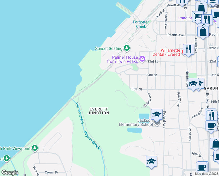 map of restaurants, bars, coffee shops, grocery stores, and more near 3430 Sevenich Drive in Everett