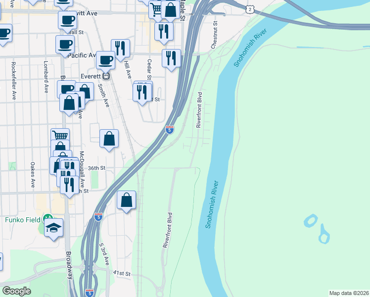 map of restaurants, bars, coffee shops, grocery stores, and more near 3428 30th Avenue in Everett