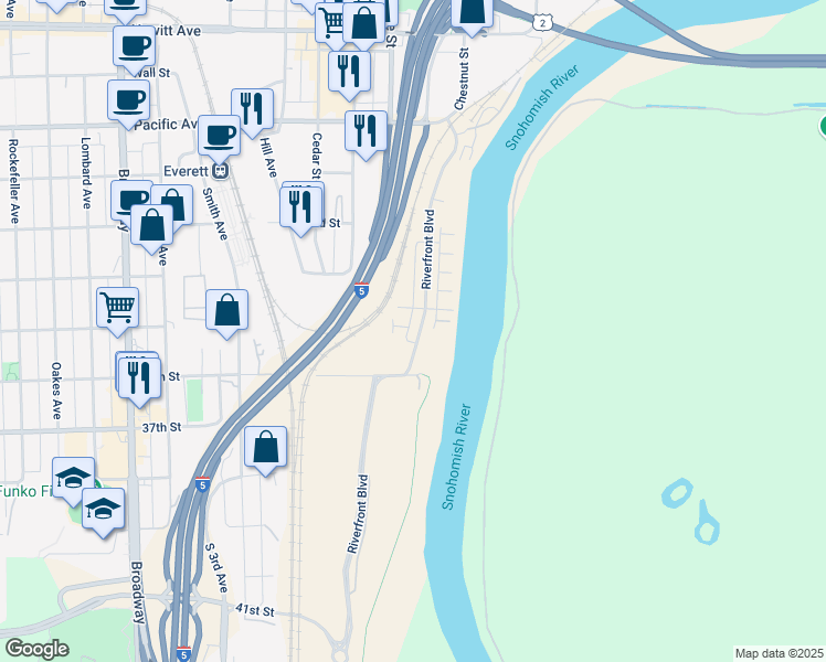 map of restaurants, bars, coffee shops, grocery stores, and more near 3449 30th Drive in Everett