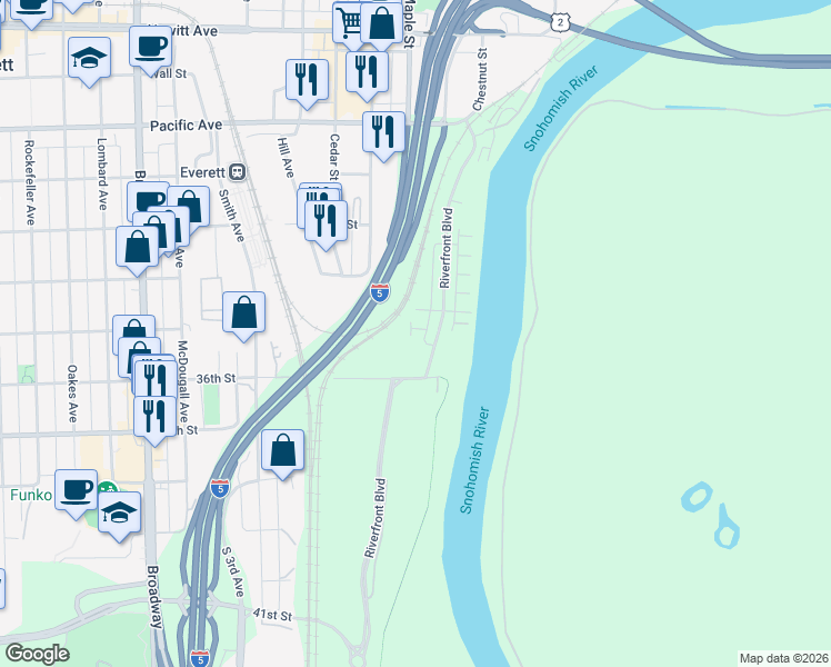 map of restaurants, bars, coffee shops, grocery stores, and more near 3428 30th Avenue in Everett