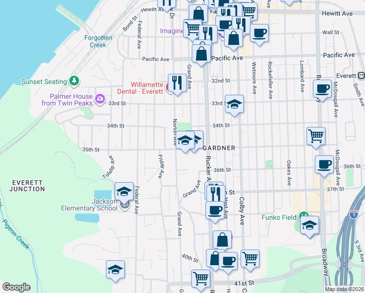 map of restaurants, bars, coffee shops, grocery stores, and more near 3427 Norton Avenue in Everett