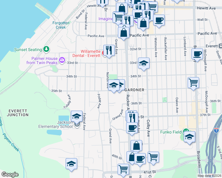 map of restaurants, bars, coffee shops, grocery stores, and more near 3427 Norton Avenue in Everett