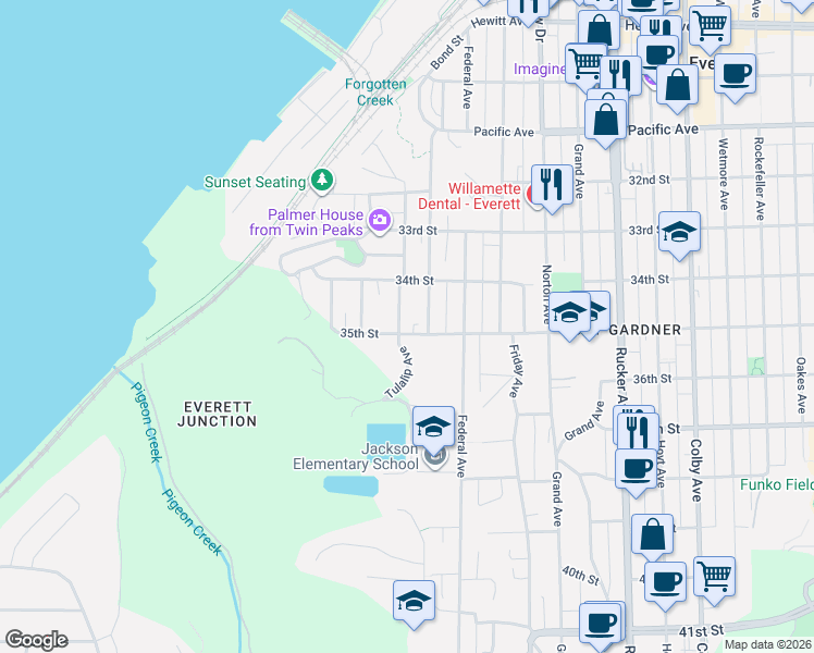map of restaurants, bars, coffee shops, grocery stores, and more near 3430 Tulalip Avenue in Everett