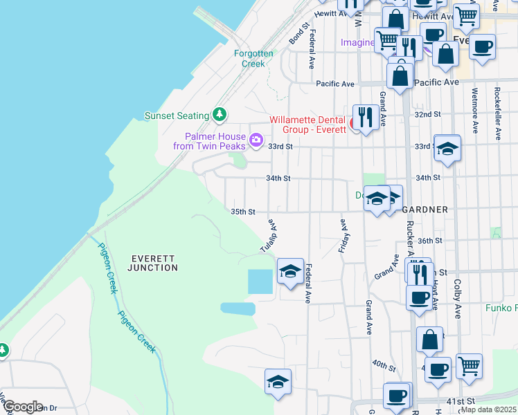 map of restaurants, bars, coffee shops, grocery stores, and more near 715 35th Street in Everett