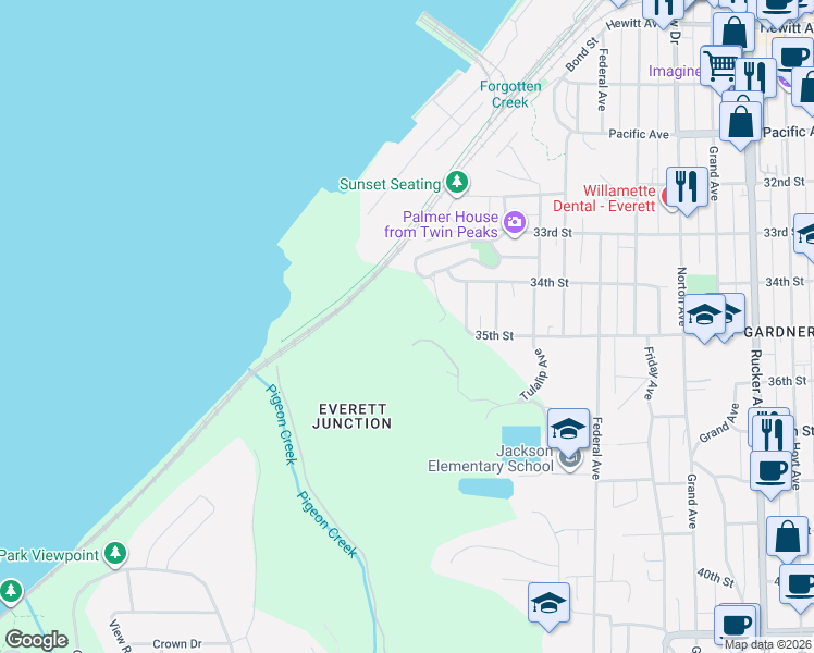 map of restaurants, bars, coffee shops, grocery stores, and more near 3430 Sevenich Drive in Everett