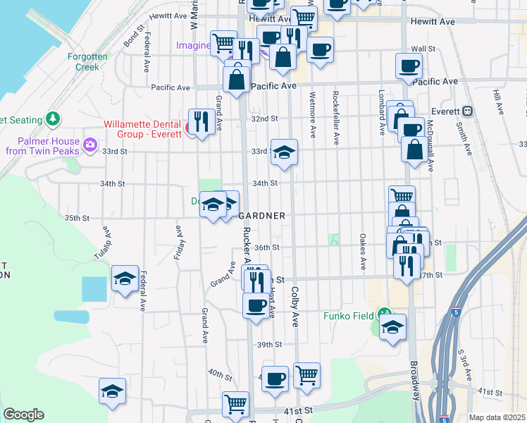 map of restaurants, bars, coffee shops, grocery stores, and more near 3425 Hoyt Avenue in Everett