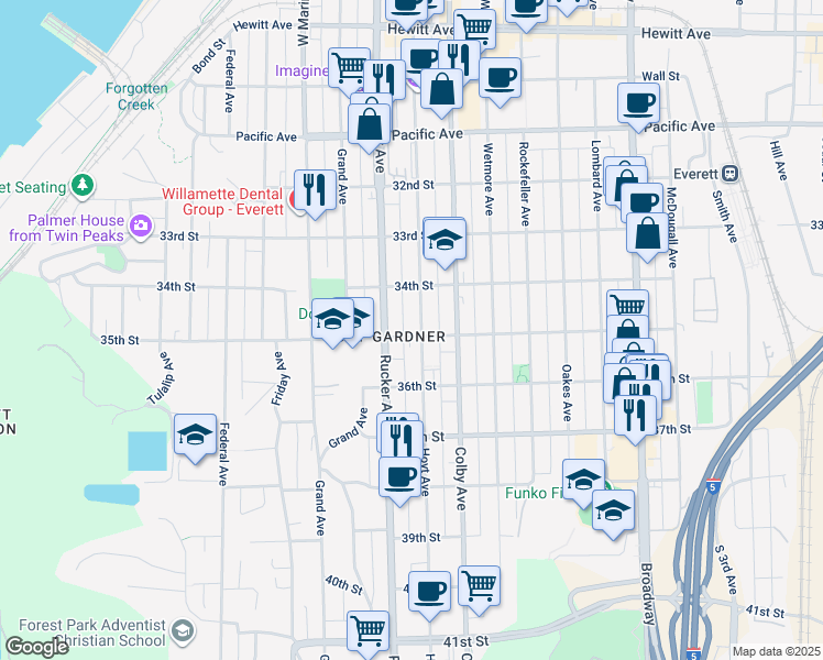 map of restaurants, bars, coffee shops, grocery stores, and more near 3425 Hoyt Avenue in Everett