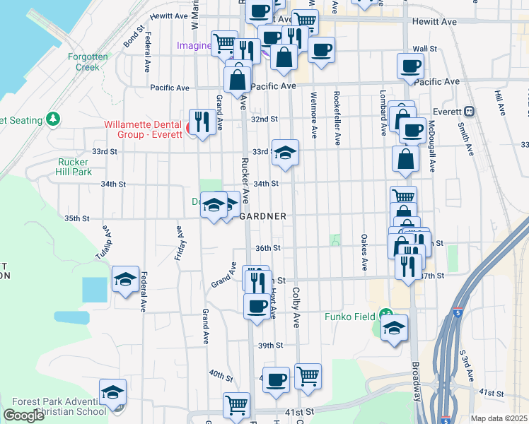map of restaurants, bars, coffee shops, grocery stores, and more near 3425 Hoyt Avenue in Everett