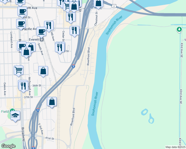 map of restaurants, bars, coffee shops, grocery stores, and more near 3511 31st Drive in Everett
