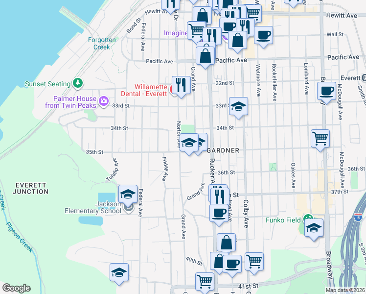 map of restaurants, bars, coffee shops, grocery stores, and more near 3427 Norton Avenue in Everett