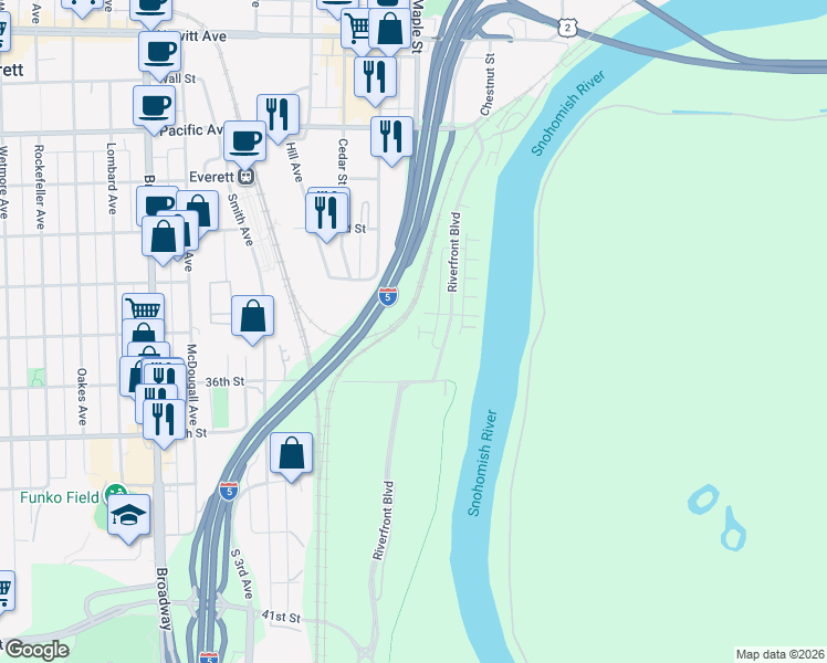 map of restaurants, bars, coffee shops, grocery stores, and more near 3428 30th Avenue in Everett