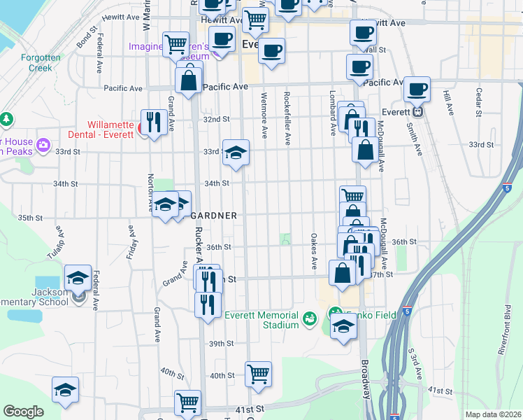 map of restaurants, bars, coffee shops, grocery stores, and more near 3425 Colby Avenue in Everett