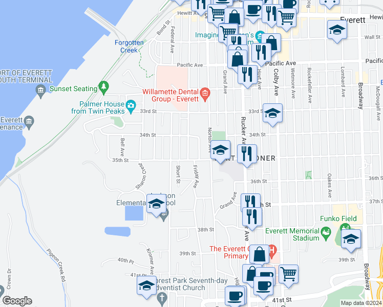 map of restaurants, bars, coffee shops, grocery stores, and more near 3427 Nassau Street in Everett