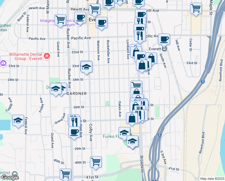 map of restaurants, bars, coffee shops, grocery stores, and more near 3431 Rockefeller Avenue in Everett